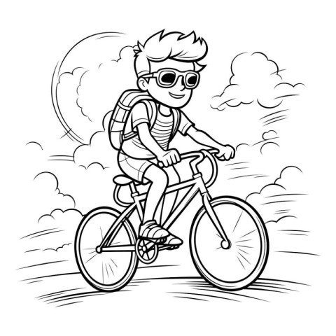 Boy riding a bicycle in the park. Vector illustration for colori