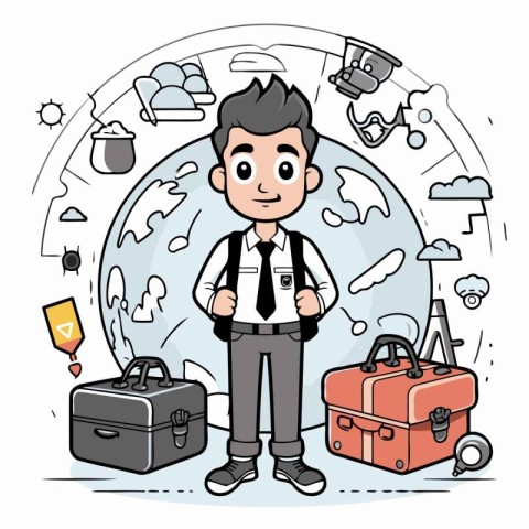 Vector illustration of a man with a briefcase and various travel