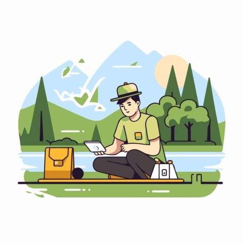 Fisherman with a laptop in the park. Vector illustration.