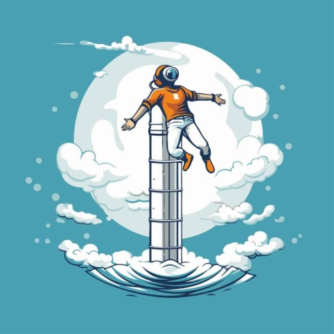 Astronaut on the top of a ladder. Vector illustration.