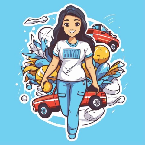 Vector illustration of a girl with a toy car in the hand.