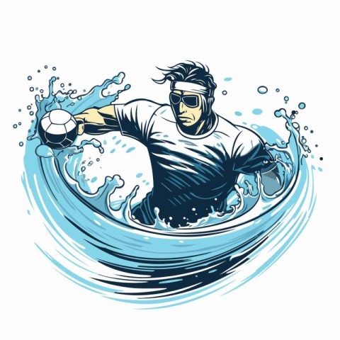 Vector illustration of a man playing soccer on a surfboard in th