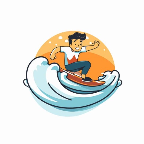 Surfer on the wave. Vector illustration in flat cartoon style.