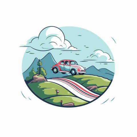 Car on the road in the mountains. Vector illustration in cartoon