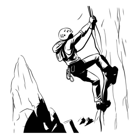 illustration of a rock climber climbing on a cliff in the mounta