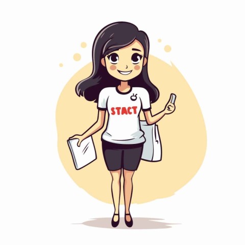 Girl in sportswear with a bag and a smartphone. Vector illustrat