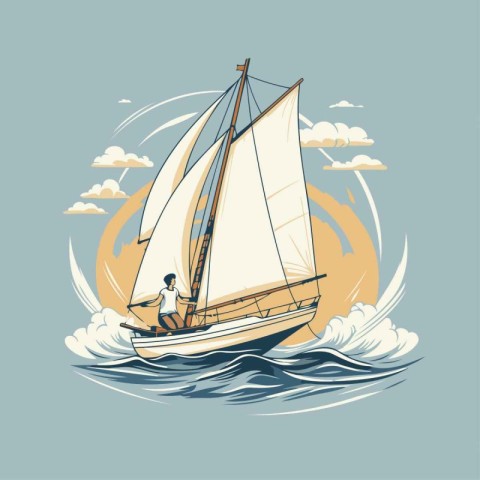 Sailing boat on the sea. Vector illustration in retro style.