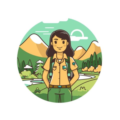 Hiking girl with backpack. Vector illustration in a flat style.