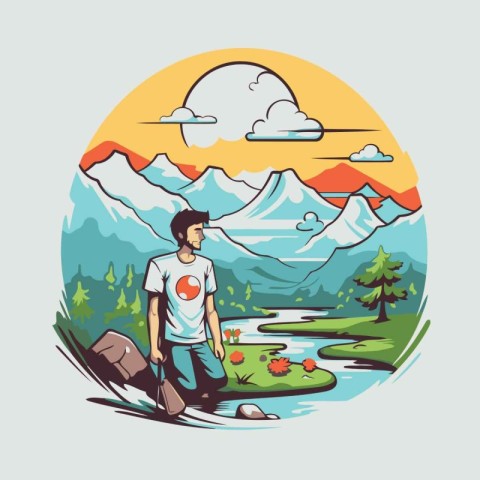 Hiking man with a backpack on the background of mountains. Vecto