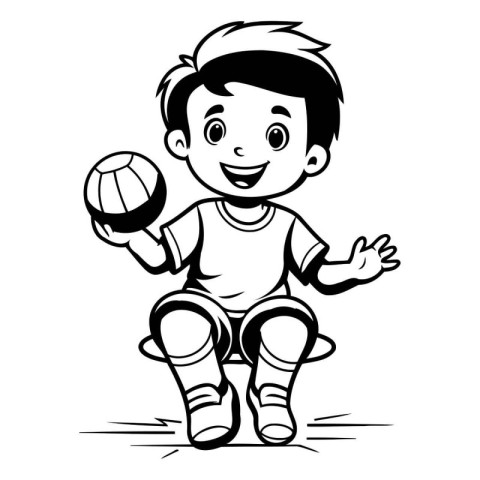 Little Boy Playing Volleyball - Black and White Cartoon Illustra