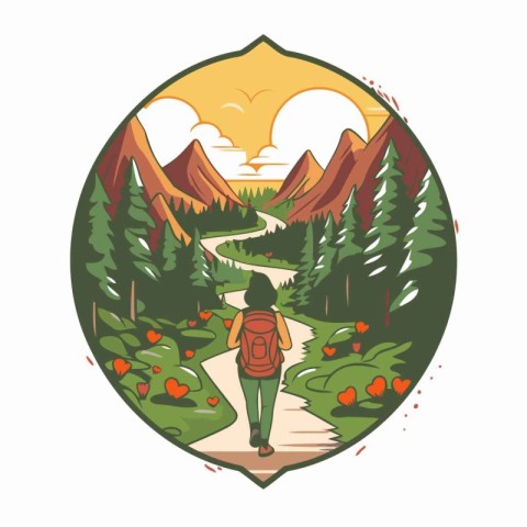 Hiking in the mountains. Vector illustration of a hiker with a b