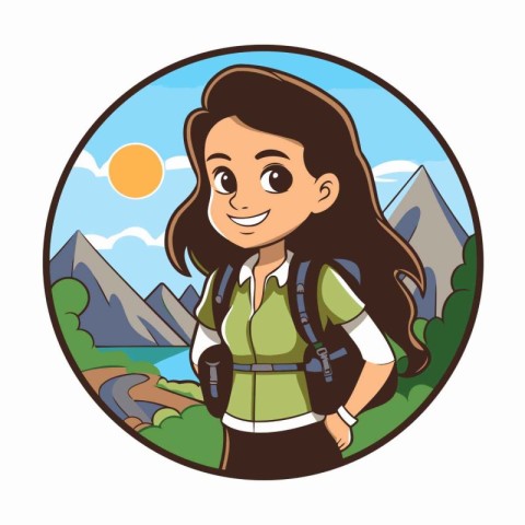 Girl tourist with backpack in the mountains. Vector illustration