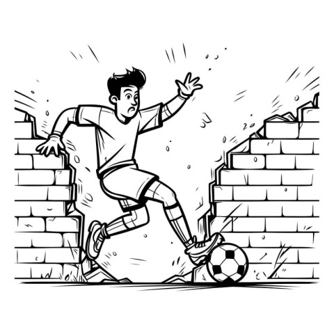 Soccer player kicking the ball. black and white vector illustrat