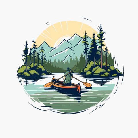 Kayaking on the lake in the mountains. Vector illustration of a