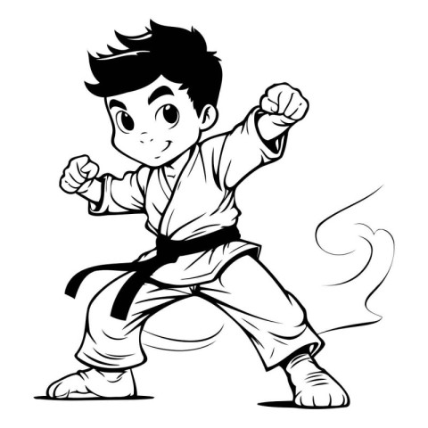 Karate Boy - Black and White Cartoon Illustration of a Martial A