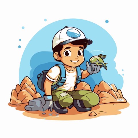 Climber boy with a big fish in his hand. Vector illustration.