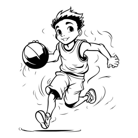 Basketball player running with ball. Black and white vector illu