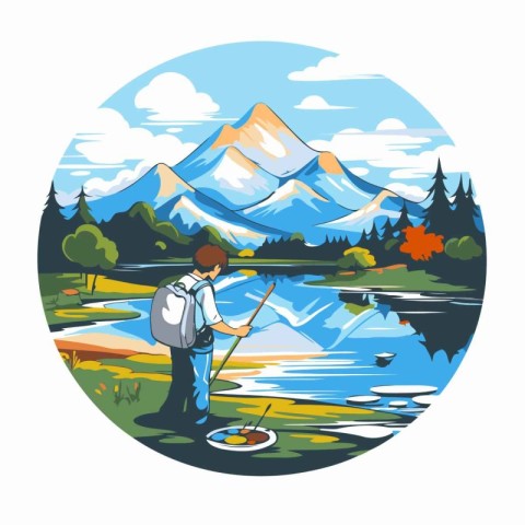 Illustration of a man fishing on a lake in the mountains.