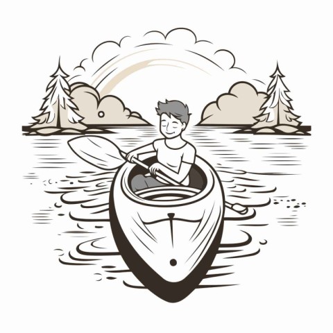 Man paddling a kayak on the lake. Vector illustration.