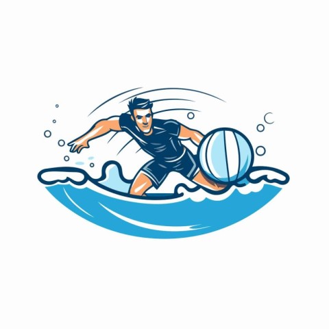 Water polo player with ball on the waves. Vector illustration.