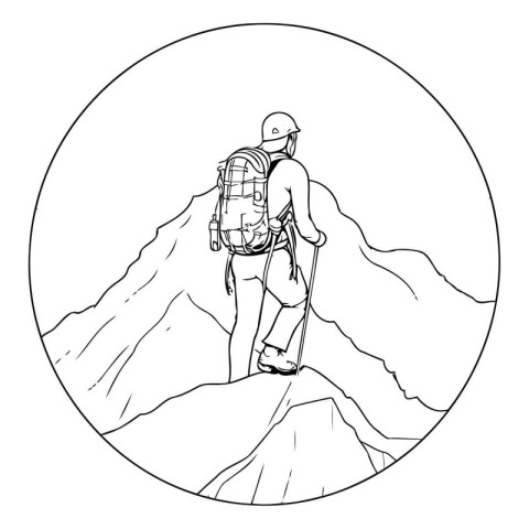 Hiking man with backpack on top of mountain. Vector illustration