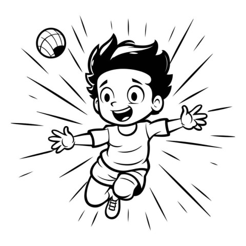 Boy Playing Volleyball - Black and White Cartoon Illustration. V