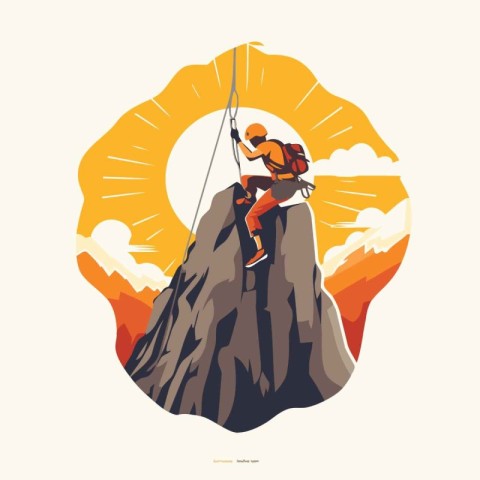 Climber on the top of the mountain. Vector illustration.