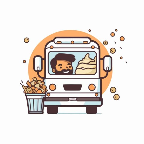 Vector illustration of a bus with a man and ice cream in a bucke