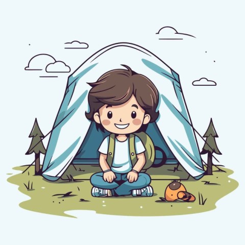 cute little boy sitting near his tent in the camp vector illustr