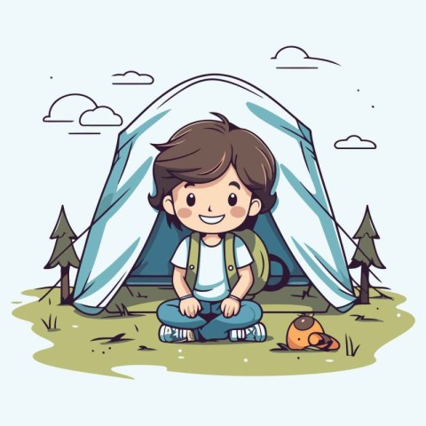 cute little boy sitting near his tent in the camp vector illustr