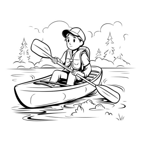 Illustration of a boy paddling a canoe on a lake.