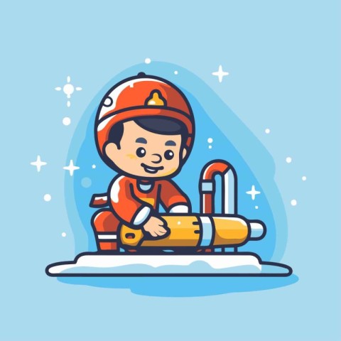 Little boy in fire suit and helmet. Vector illustration in carto