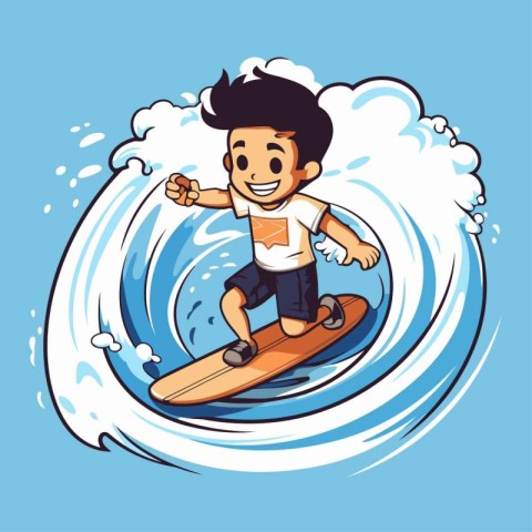 Vector illustration of a boy surfing in the waves. Cartoon style