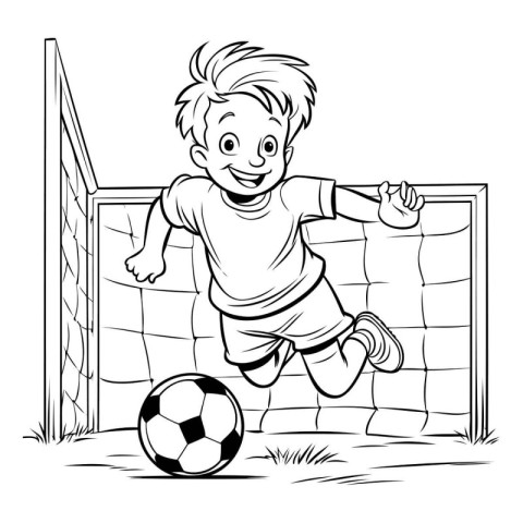 Boy playing soccer. Black and white vector illustration for colo