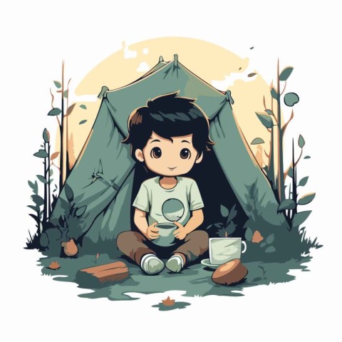 Cute boy camping in the forest. Vector illustration on white bac