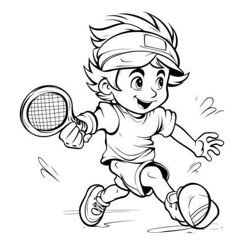 Tennis Player - Black and White Cartoon Illustration of a Kid Pl