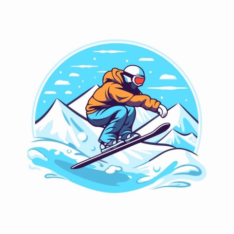 Snowboarder jumping on snowy mountains. Winter sport vector illu