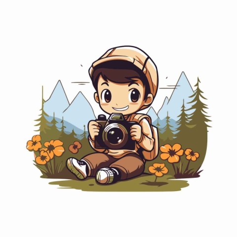 Cute boy with a camera in the mountains. Vector illustration.