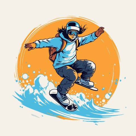 Snowboarder jumping in the air. Vector illustration in retro sty