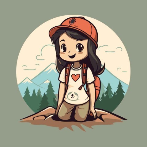 Cute little girl in the mountains. Vector illustration of a cart