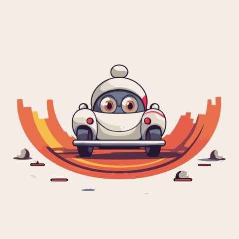 Cute cartoon robot driving a car on the road. Vector illustratio