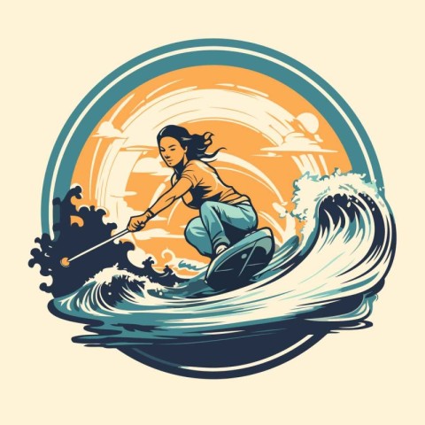 Girl wakeboarding on the waves. Vector illustration of a woman r