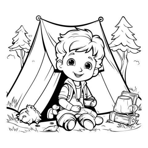 Cute little boy camping in the forest. Black and white vector il