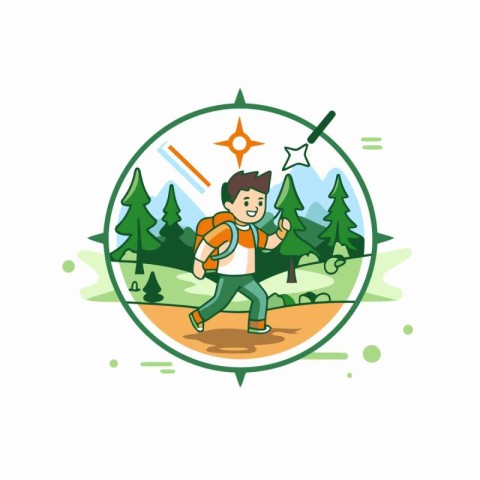 Tourist with backpack hiking in forest. Vector illustration in f