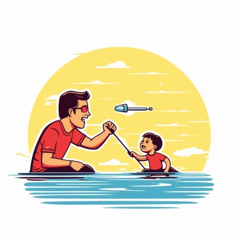 Father and son playing in the sea at sunset. Vector illustration