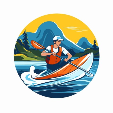 Man paddling a kayak on a lake. Vector illustration.