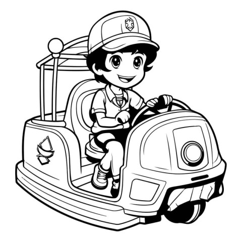 Boy driving a toy car - black and white vector illustration for