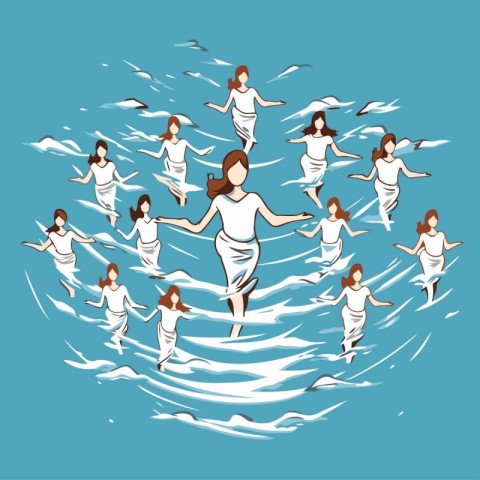 Women swimming in the ocean. Vector illustration of a group of p