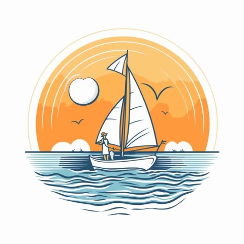 Sailing boat on the sea. Vector illustration in flat style.