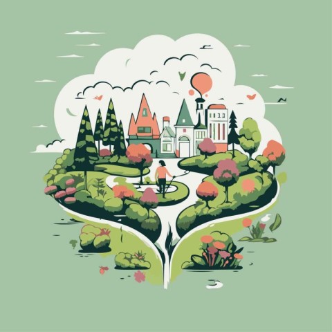 Vector illustration of a city in the form of a heart with trees.